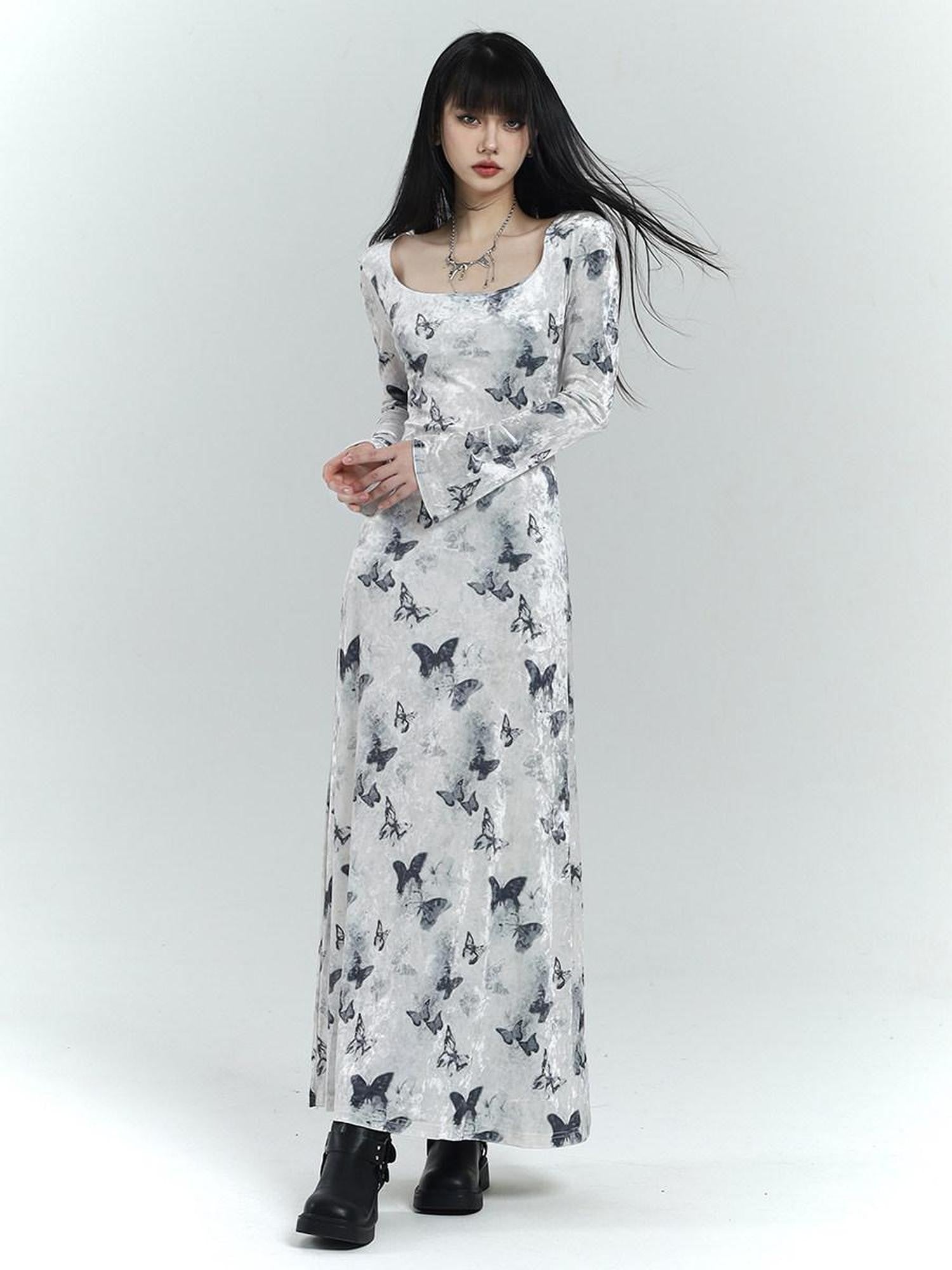 LADYGHOST Butterfly Print Long Sleeve New Chinese Women&