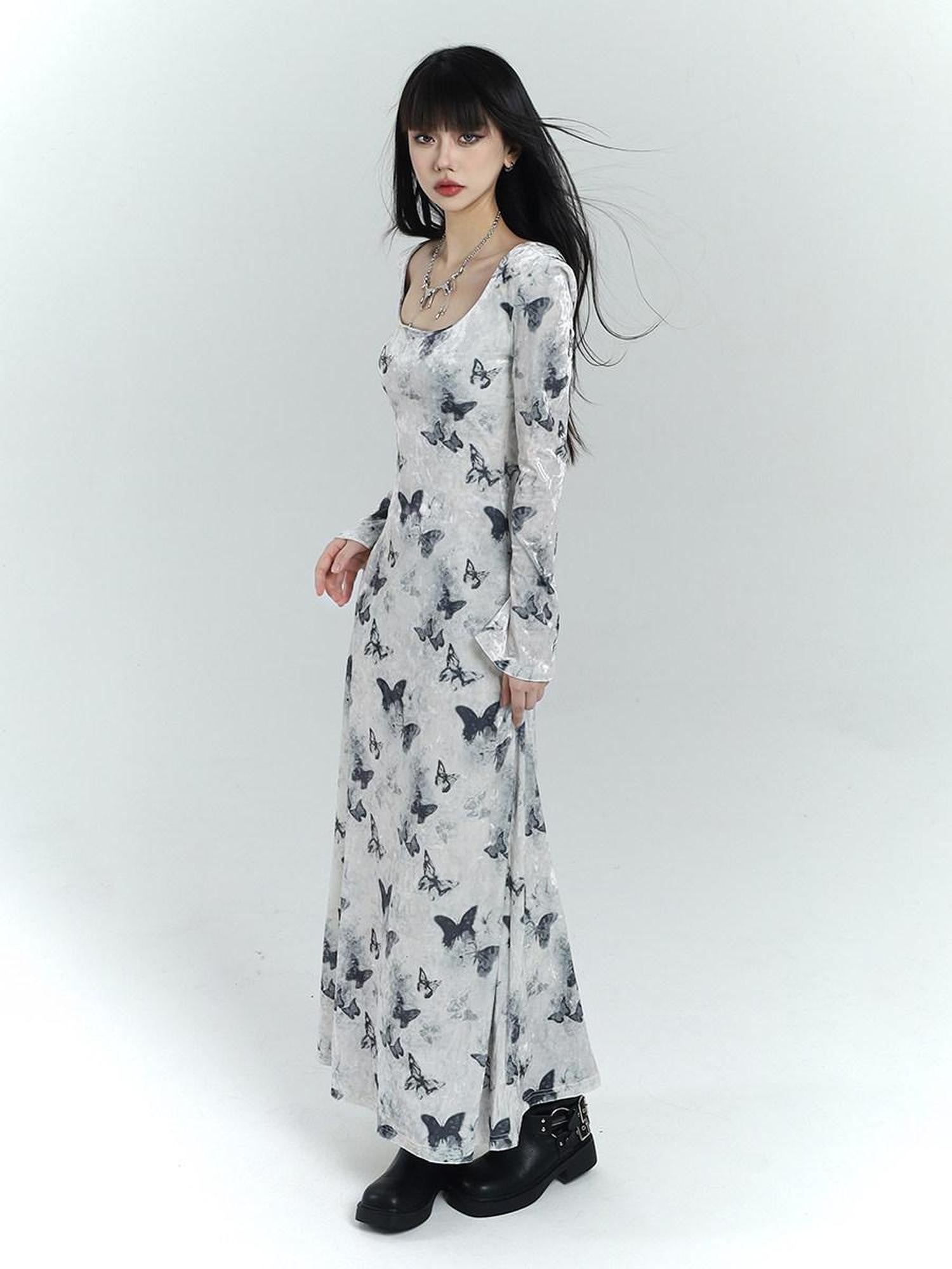 LADYGHOST Butterfly Print Long Sleeve New Chinese Women&