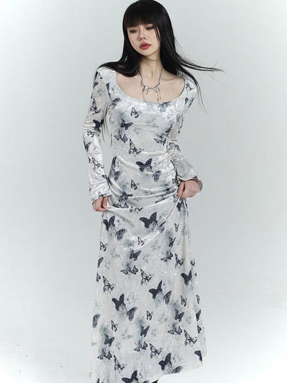 LADYGHOST Butterfly Print Long Sleeve New Chinese Women&