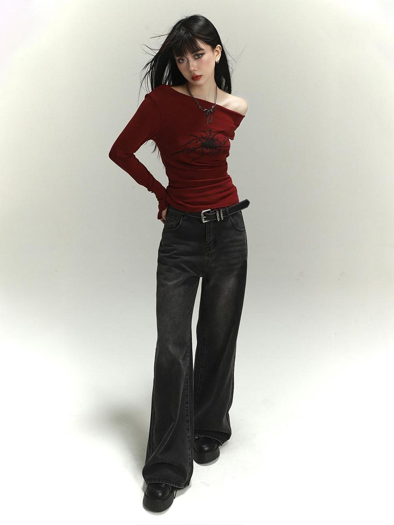 LADYGHOST Dark Wash Vintage Distressed Floor Length Women&