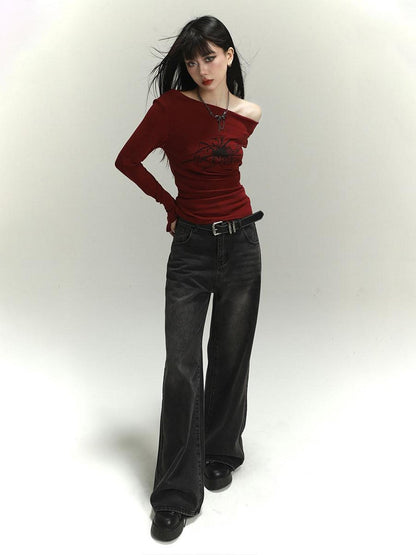 LADYGHOST Dark Wash Vintage Distressed Floor Length Women&