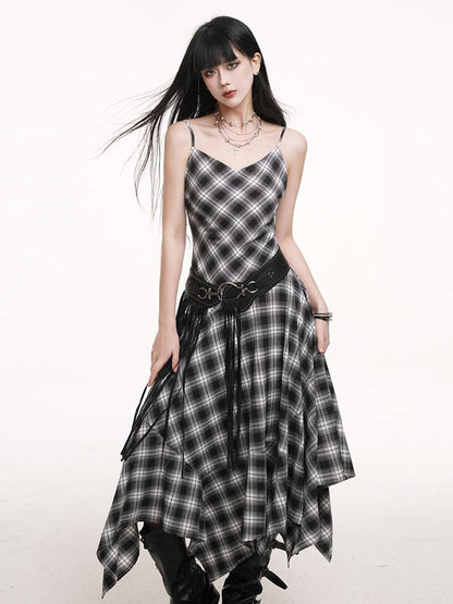 LADYGHOST Ethereal Asymmetrical Hem Black White Check Women&
