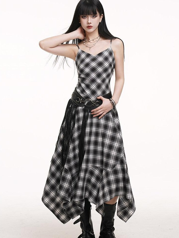 LADYGHOST Ethereal Asymmetrical Hem Black White Check Women&