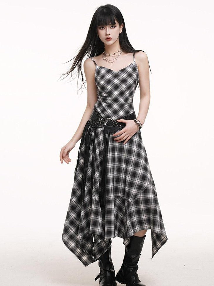 LADYGHOST Ethereal Asymmetrical Hem Black White Check Women&