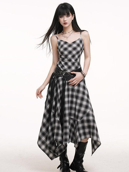 LADYGHOST Ethereal Asymmetrical Hem Black White Check Women&