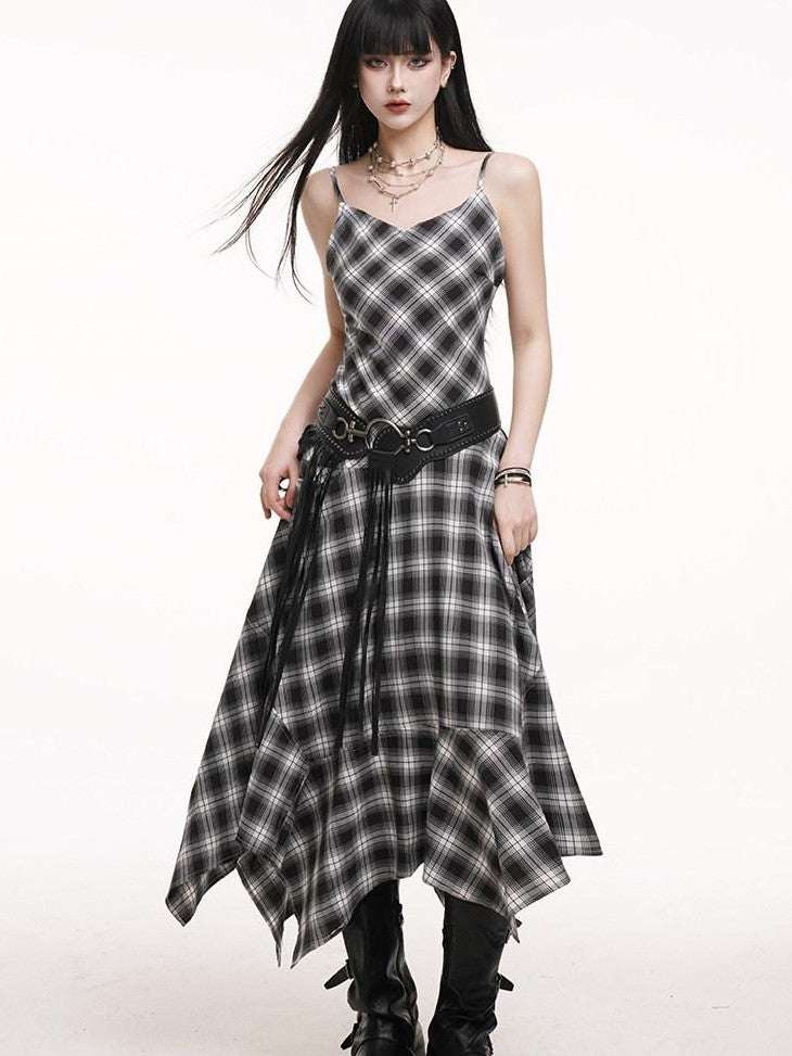 LADYGHOST Ethereal Asymmetrical Hem Black White Check Women&