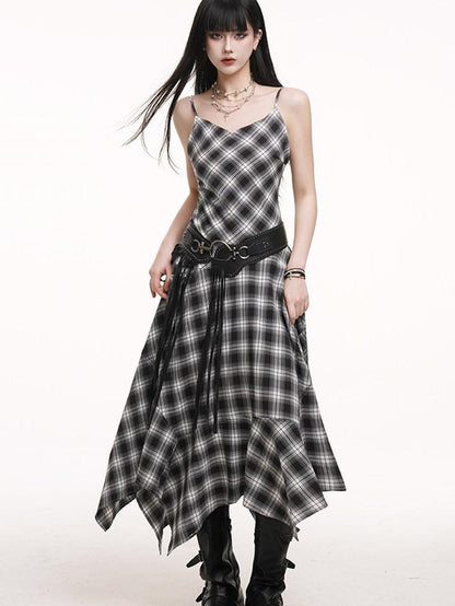 LADYGHOST Ethereal Asymmetrical Hem Black White Check Women&