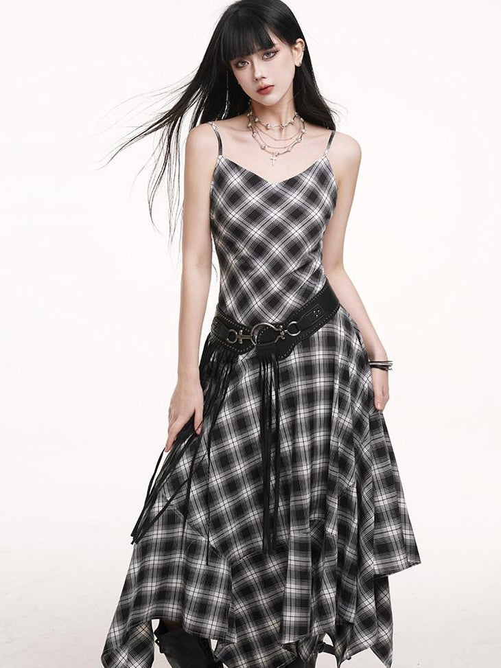LADYGHOST Ethereal Asymmetrical Hem Black White Check Women&