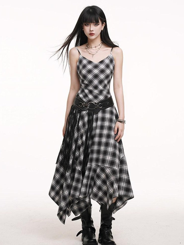 LADYGHOST Ethereal Asymmetrical Hem Black White Check Women&