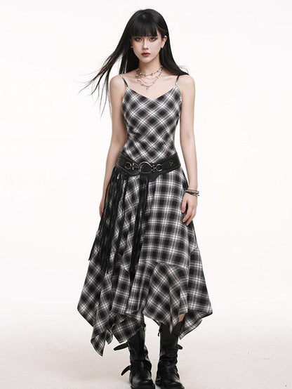 LADYGHOST Ethereal Asymmetrical Hem Black White Check Women&