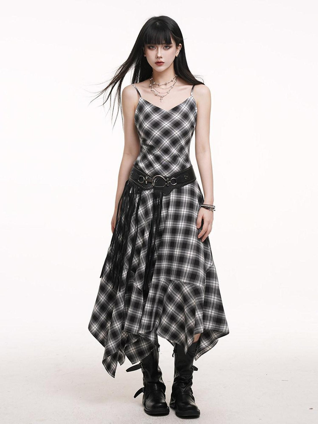 LADYGHOST Ethereal Asymmetrical Hem Black White Check Women&