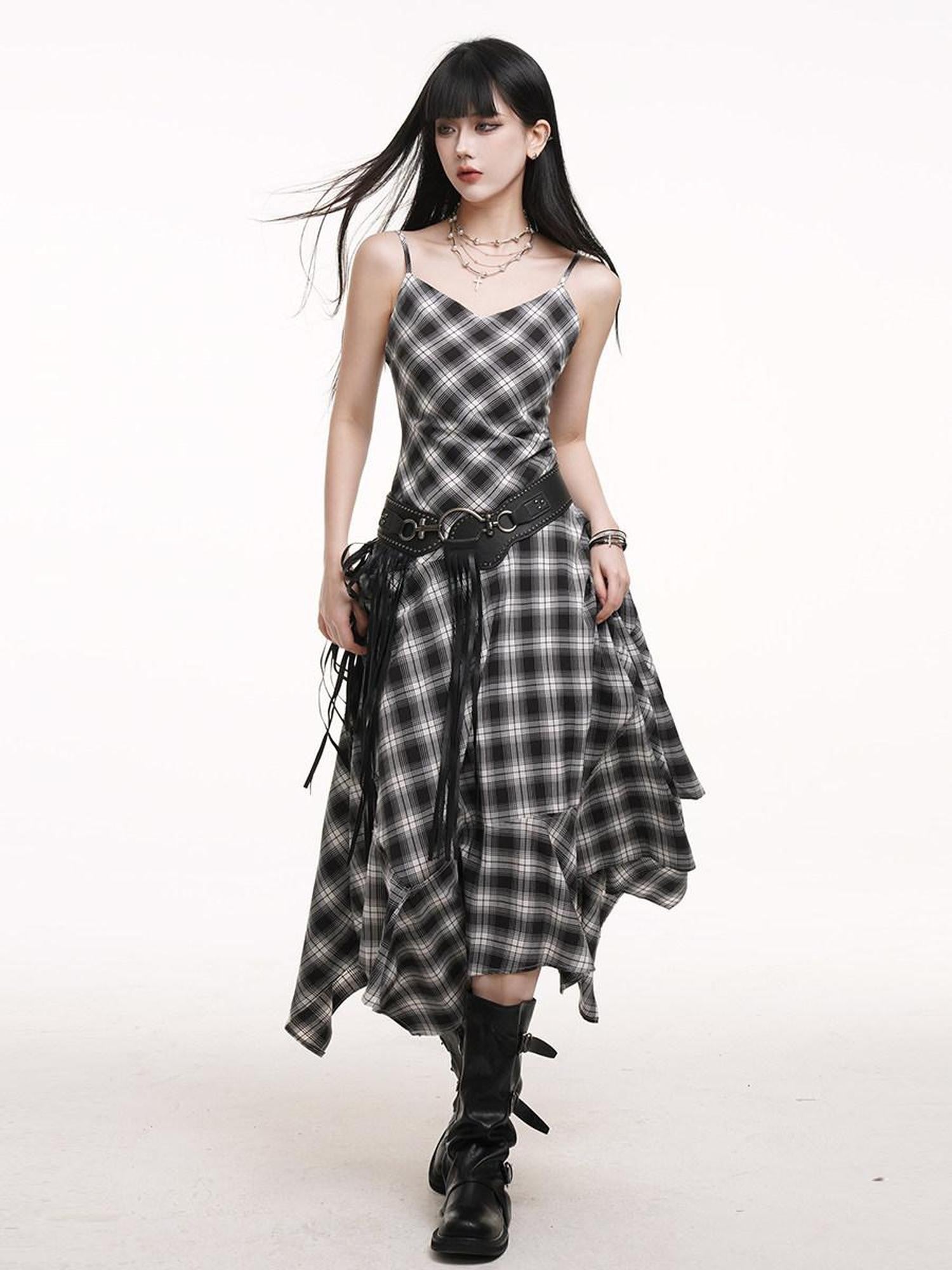 LADYGHOST Ethereal Asymmetrical Hem Black White Check Women&