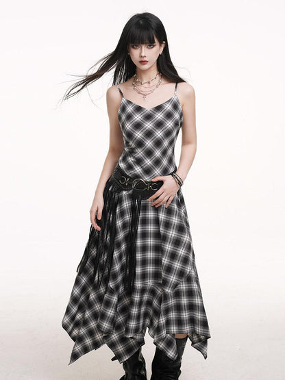 LADYGHOST Ethereal Asymmetrical Hem Black White Check Women&