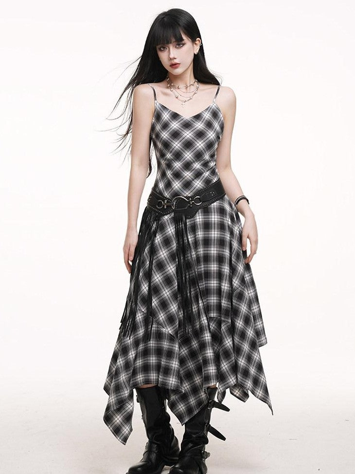 LADYGHOST Ethereal Asymmetrical Hem Black White Check Women&