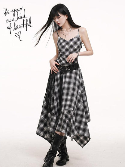 LADYGHOST Ethereal Asymmetrical Hem Black White Check Women&