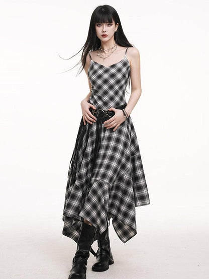LADYGHOST Ethereal Asymmetrical Hem Black White Check Women&