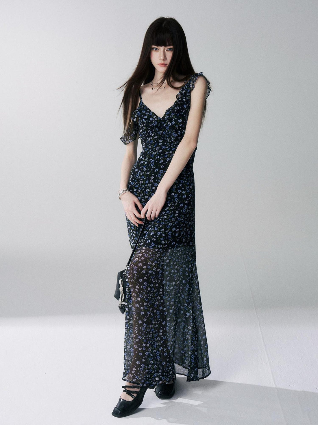 LADYGHOST Ethereal Black Blue Floral Vneck Spaghetti Strap Women&
