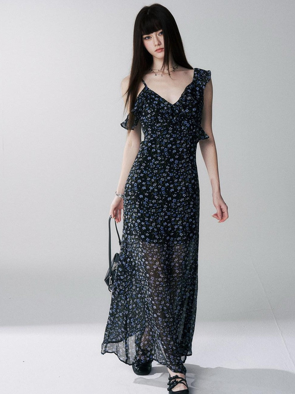 LADYGHOST Ethereal Black Blue Floral Vneck Spaghetti Strap Women&