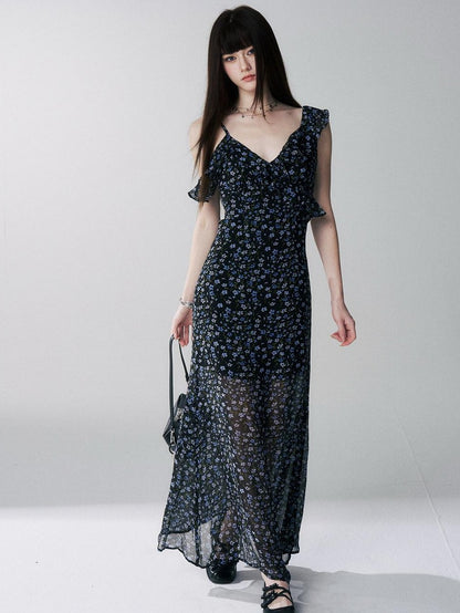 LADYGHOST Ethereal Black Blue Floral Vneck Spaghetti Strap Women&