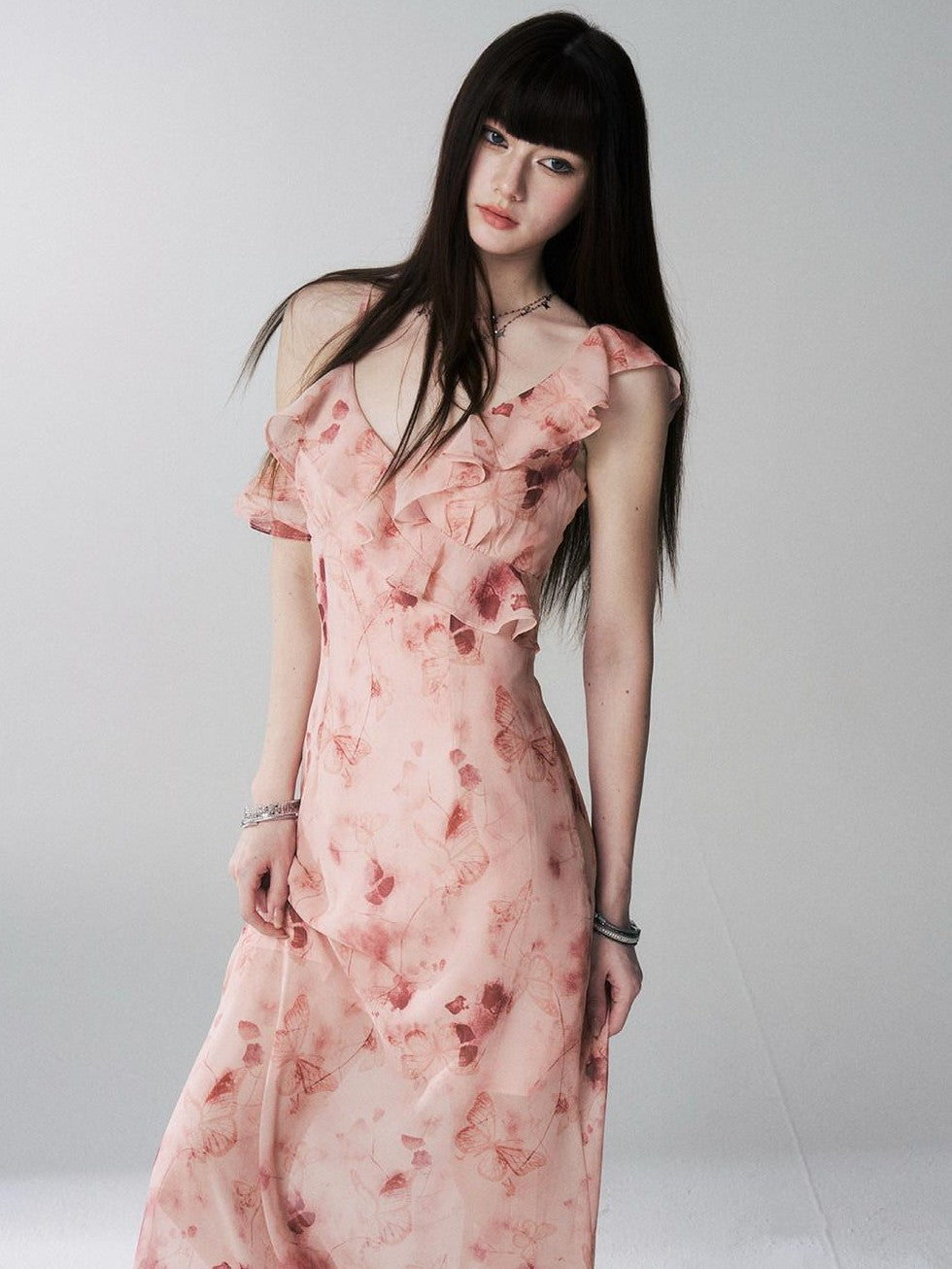 LADYGHOST Ethereal Black Blue Floral Vneck Spaghetti Strap Women&