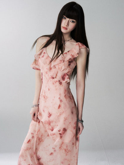 LADYGHOST Ethereal Black Blue Floral Vneck Spaghetti Strap Women&