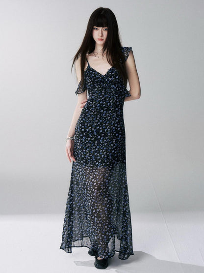 LADYGHOST Ethereal Black Blue Floral Vneck Spaghetti Strap Women&