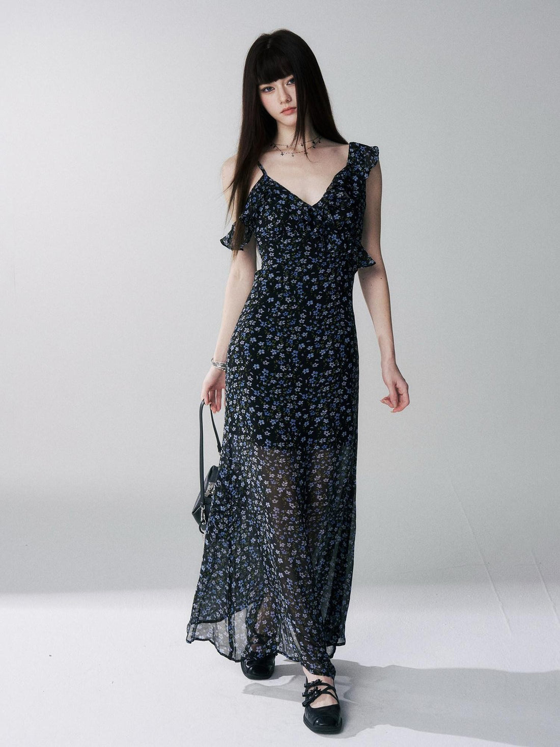 LADYGHOST Ethereal Black Blue Floral Vneck Spaghetti Strap Women&