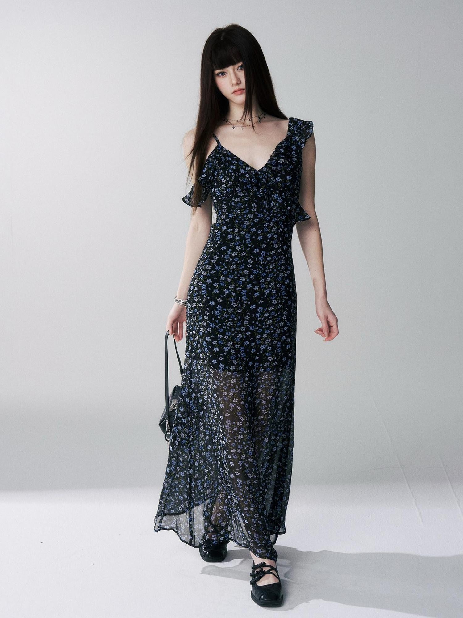 LADYGHOST Ethereal Black Blue Floral Vneck Spaghetti Strap Women&