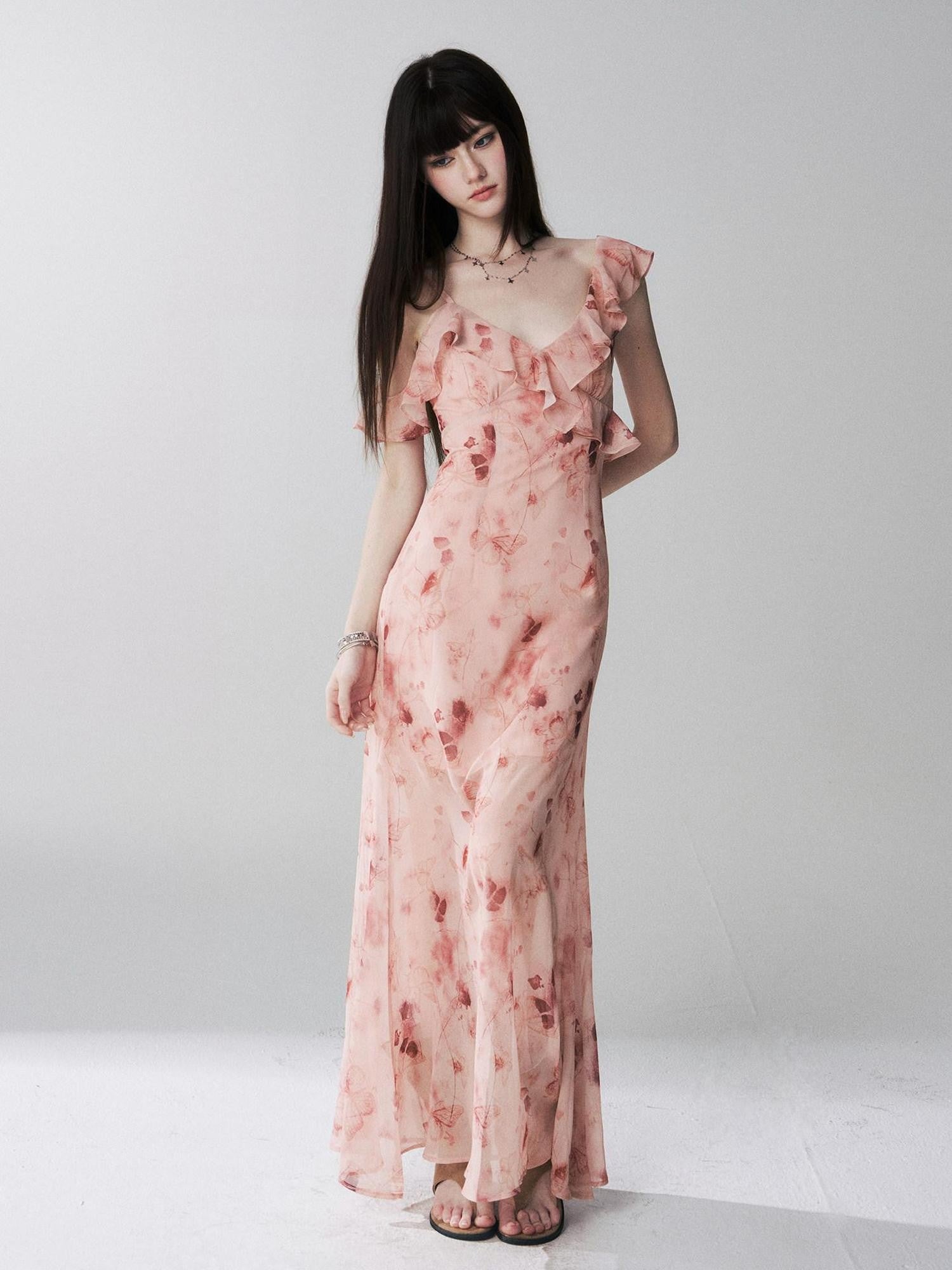 LADYGHOST Ethereal Black Blue Floral Vneck Spaghetti Strap Women&
