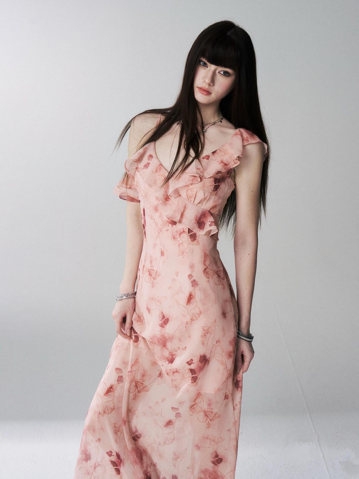 LADYGHOST Ethereal Black Blue Floral Vneck Spaghetti Strap Women&