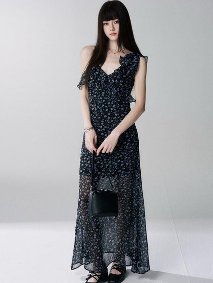 LADYGHOST Ethereal Black Blue Floral Vneck Spaghetti Strap Women&