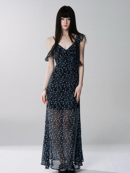 LADYGHOST Ethereal Black Blue Floral Vneck Spaghetti Strap Women&