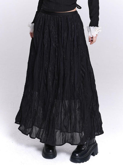 LADYGHOST Ethereal Black Pleated Lace Panel Beach Women&