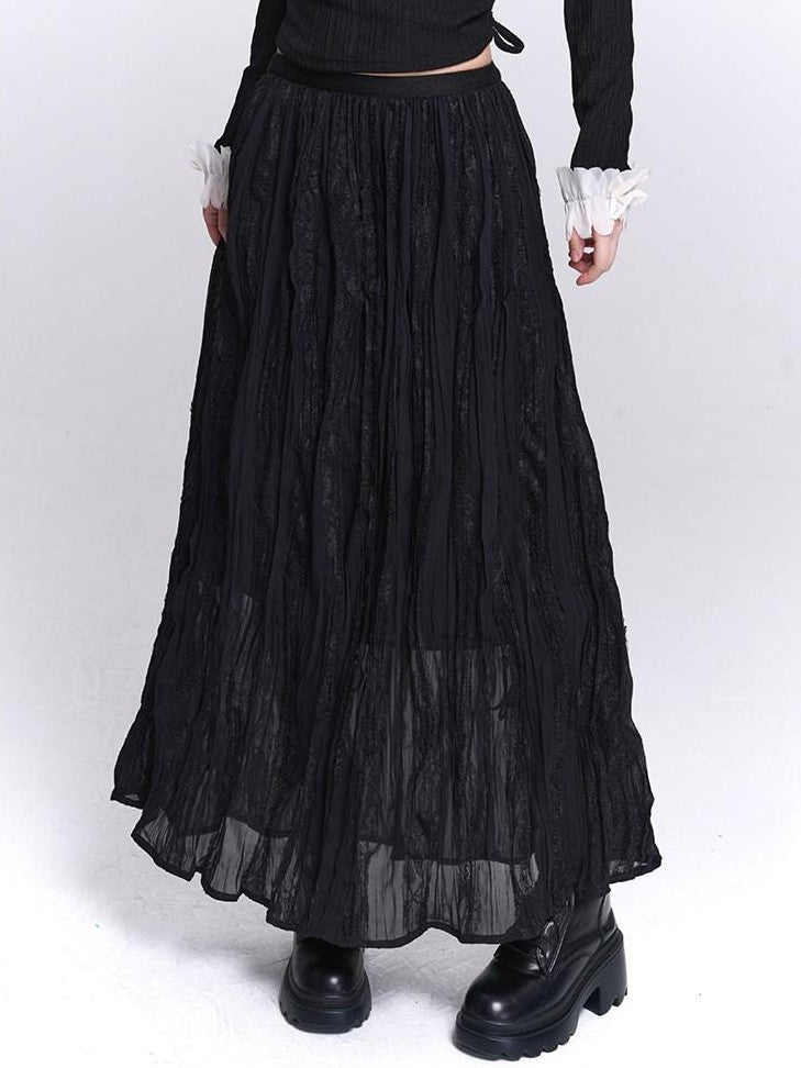 LADYGHOST Ethereal Black Pleated Lace Panel Beach Women&