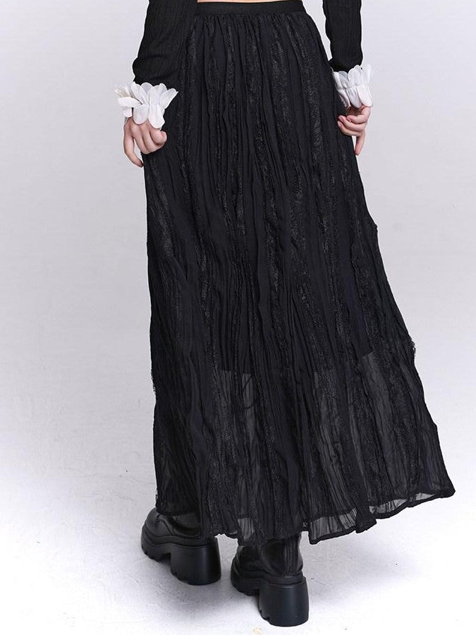 LADYGHOST Ethereal Black Pleated Lace Panel Beach Women&