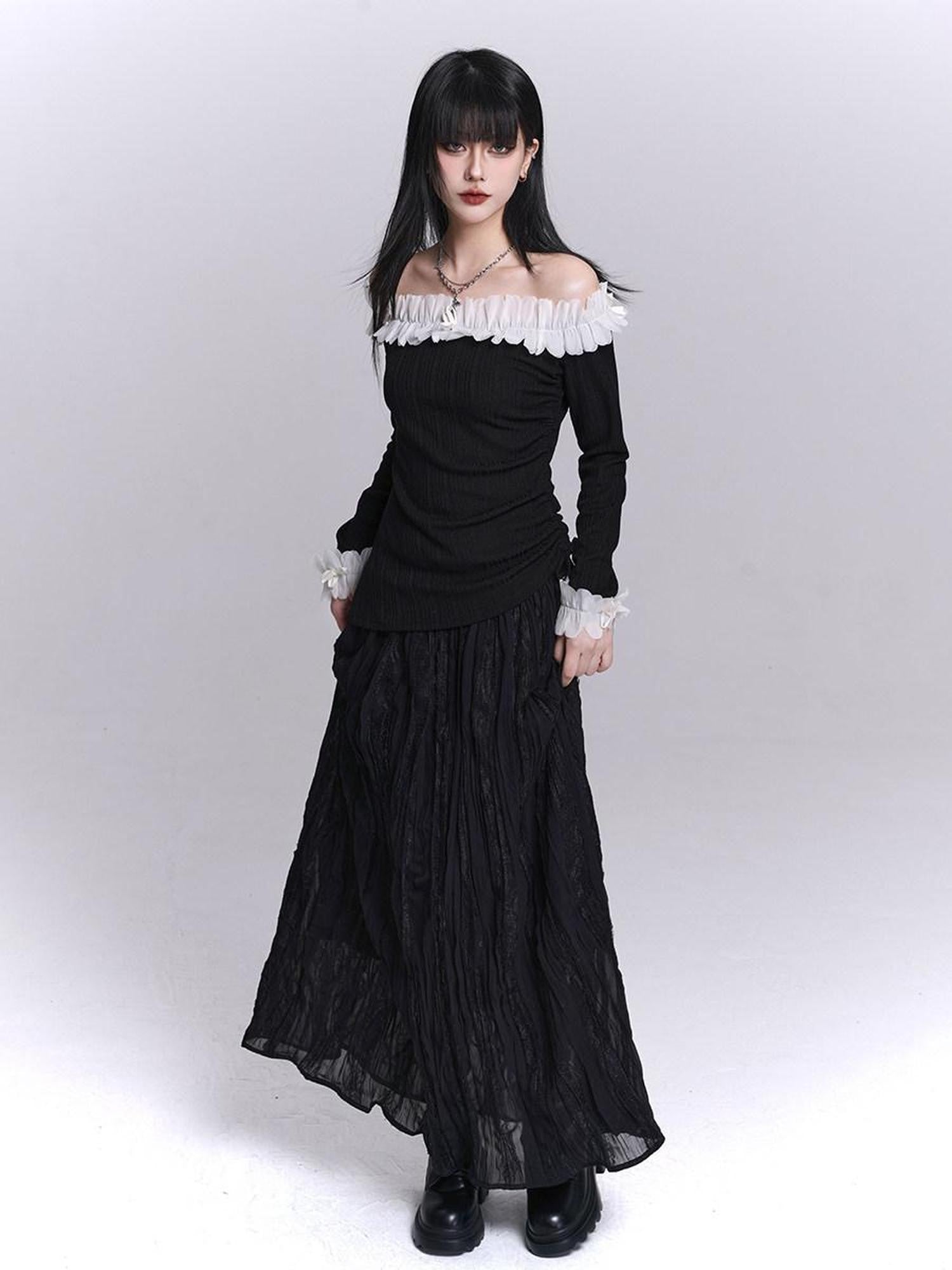LADYGHOST Ethereal Black Pleated Lace Panel Beach Women&