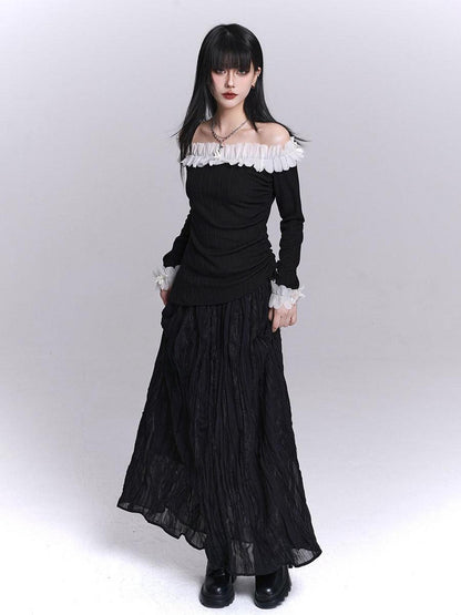 LADYGHOST Ethereal Black Pleated Lace Panel Beach Women&