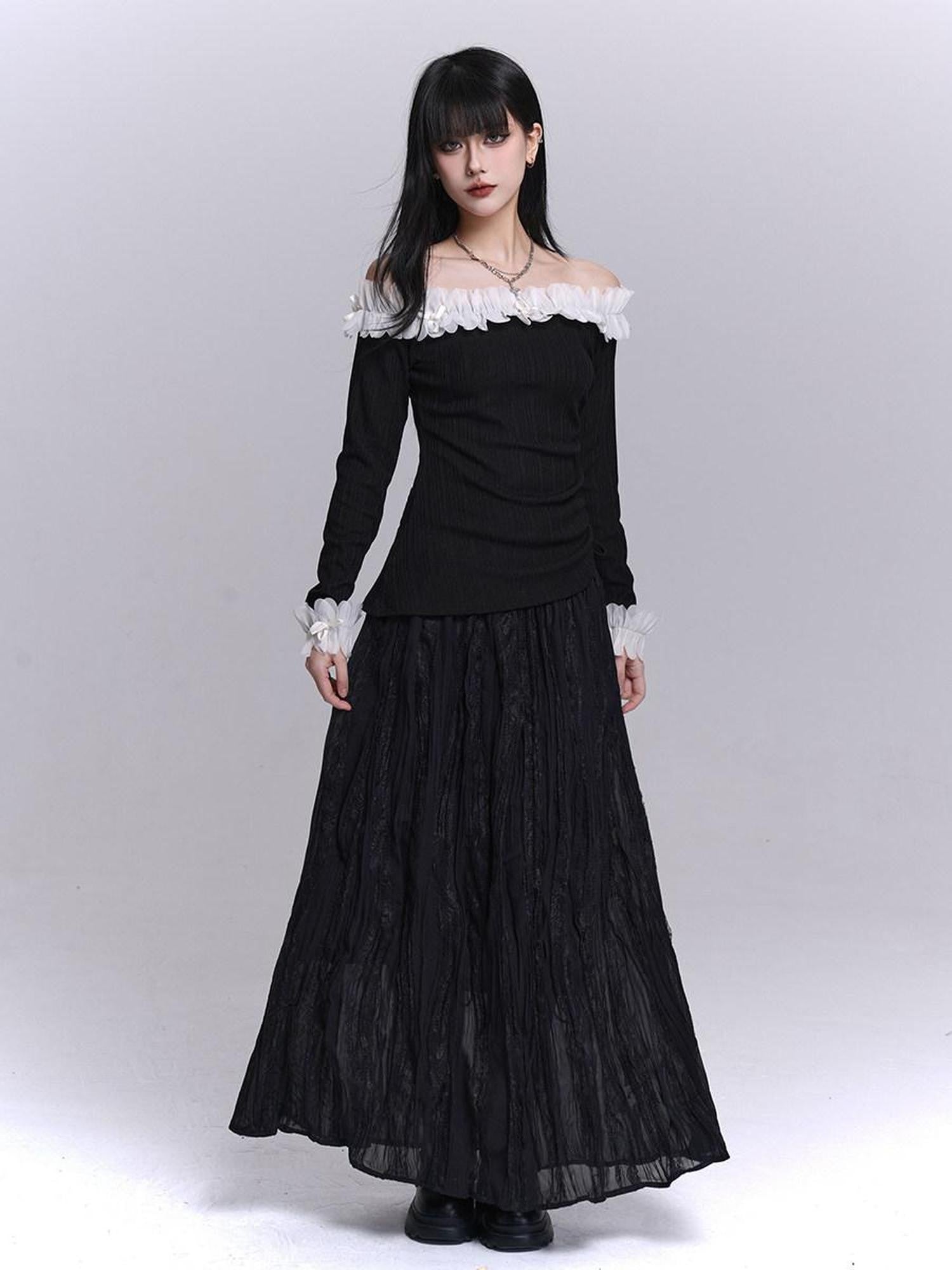 LADYGHOST Ethereal Black Pleated Lace Panel Beach Women&