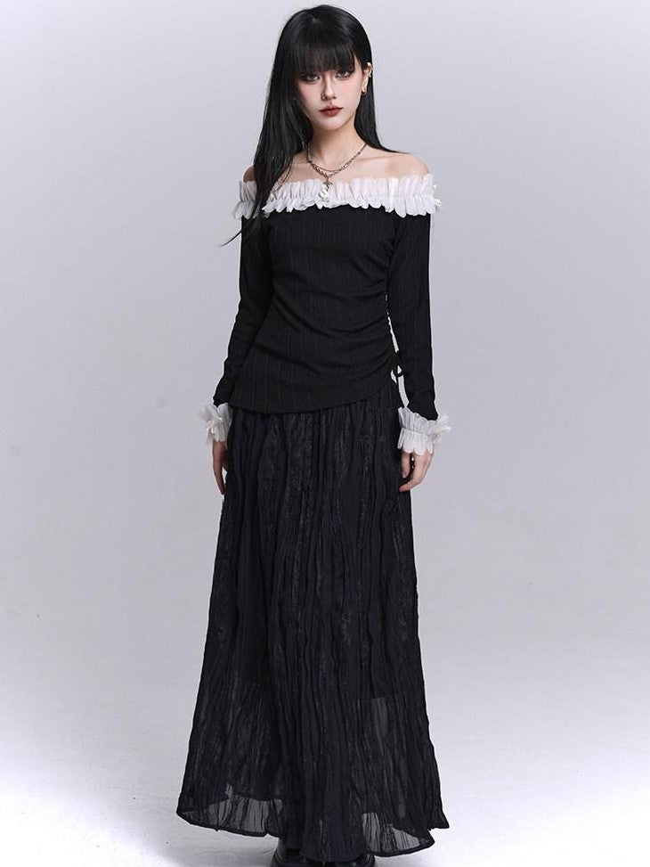 LADYGHOST Ethereal Black Pleated Lace Panel Beach Women&