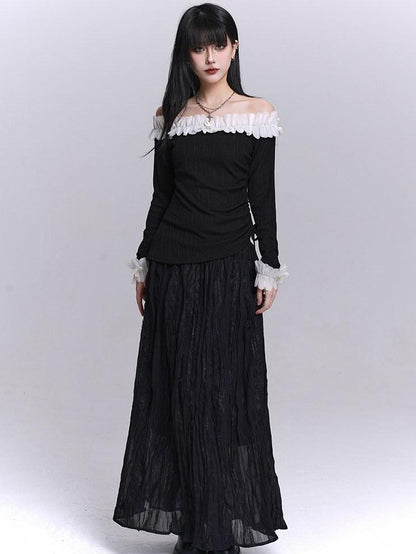 LADYGHOST Ethereal Black Pleated Lace Panel Beach Women&