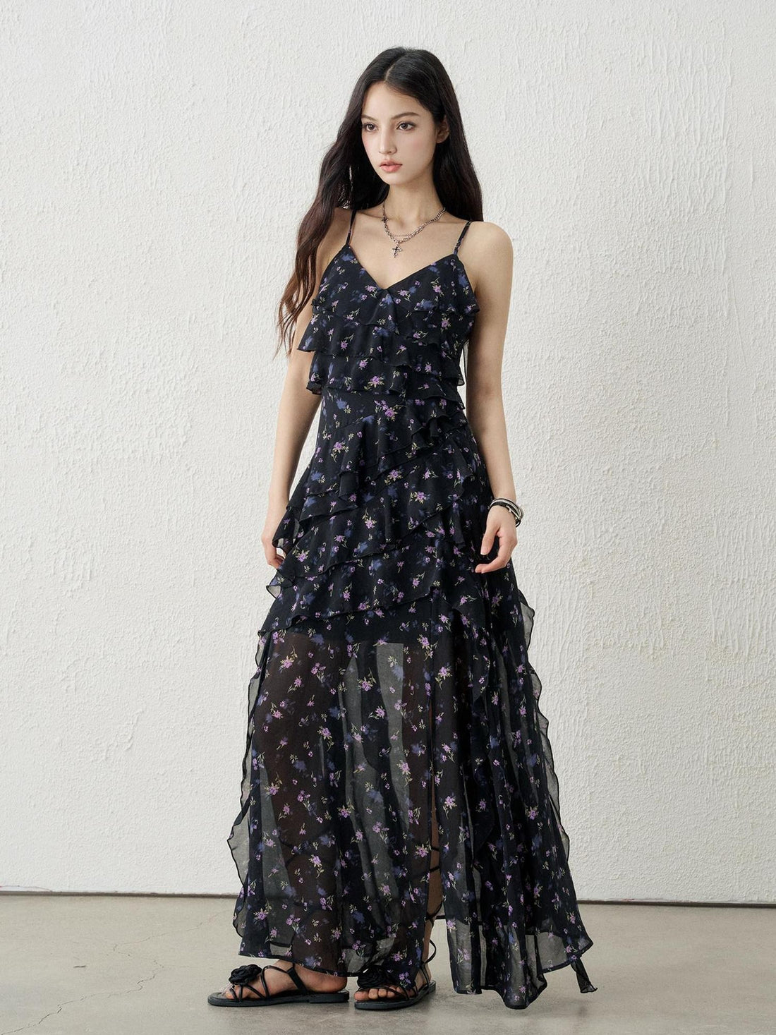 LADYGHOST Ethereal Black Purple Floral French Spaghetti Strap Women&