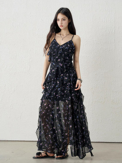 LADYGHOST Ethereal Black Purple Floral French Spaghetti Strap Women&