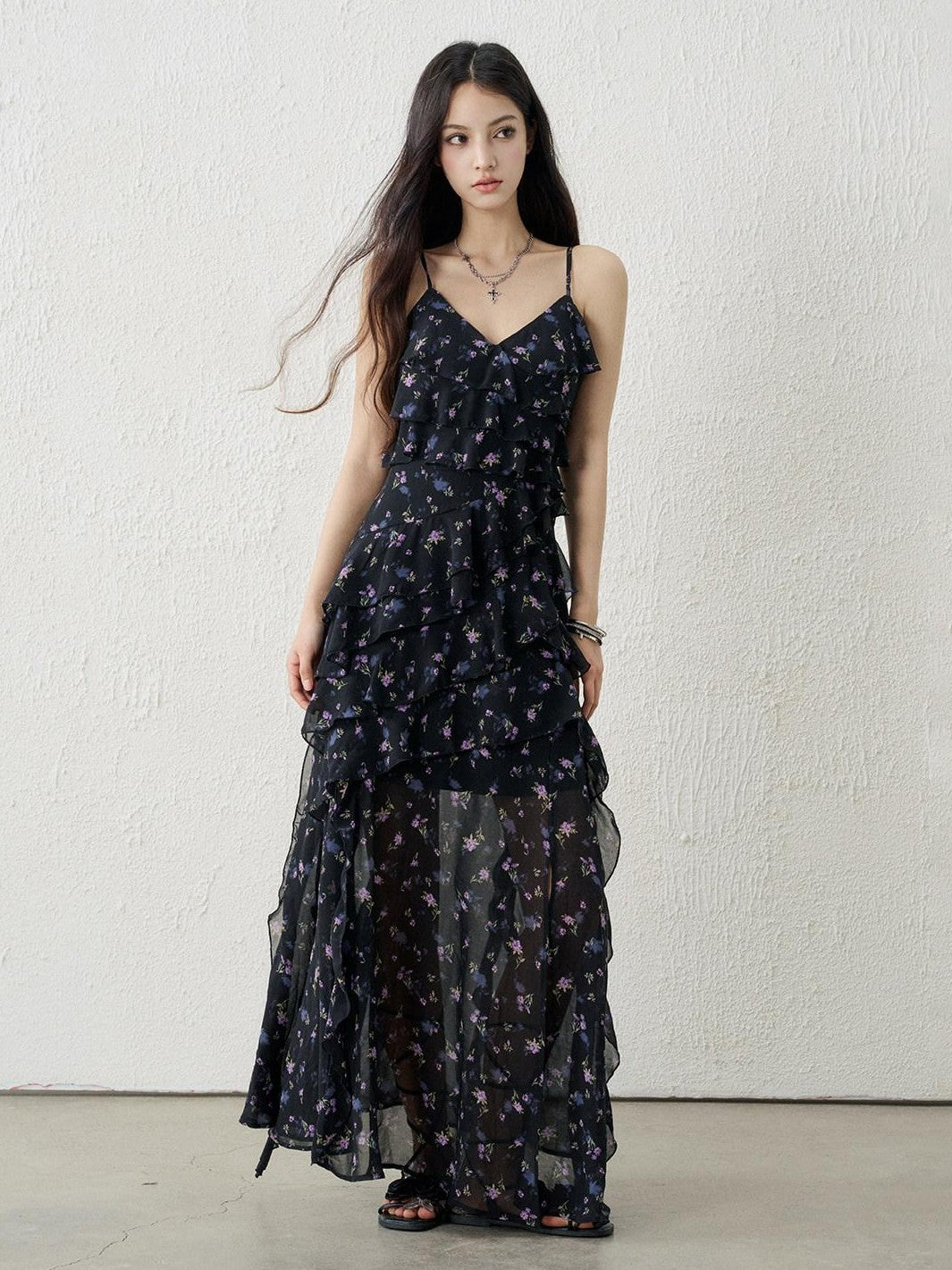 LADYGHOST Ethereal Black Purple Floral French Spaghetti Strap Women&
