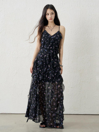LADYGHOST Ethereal Black Purple Floral French Spaghetti Strap Women&