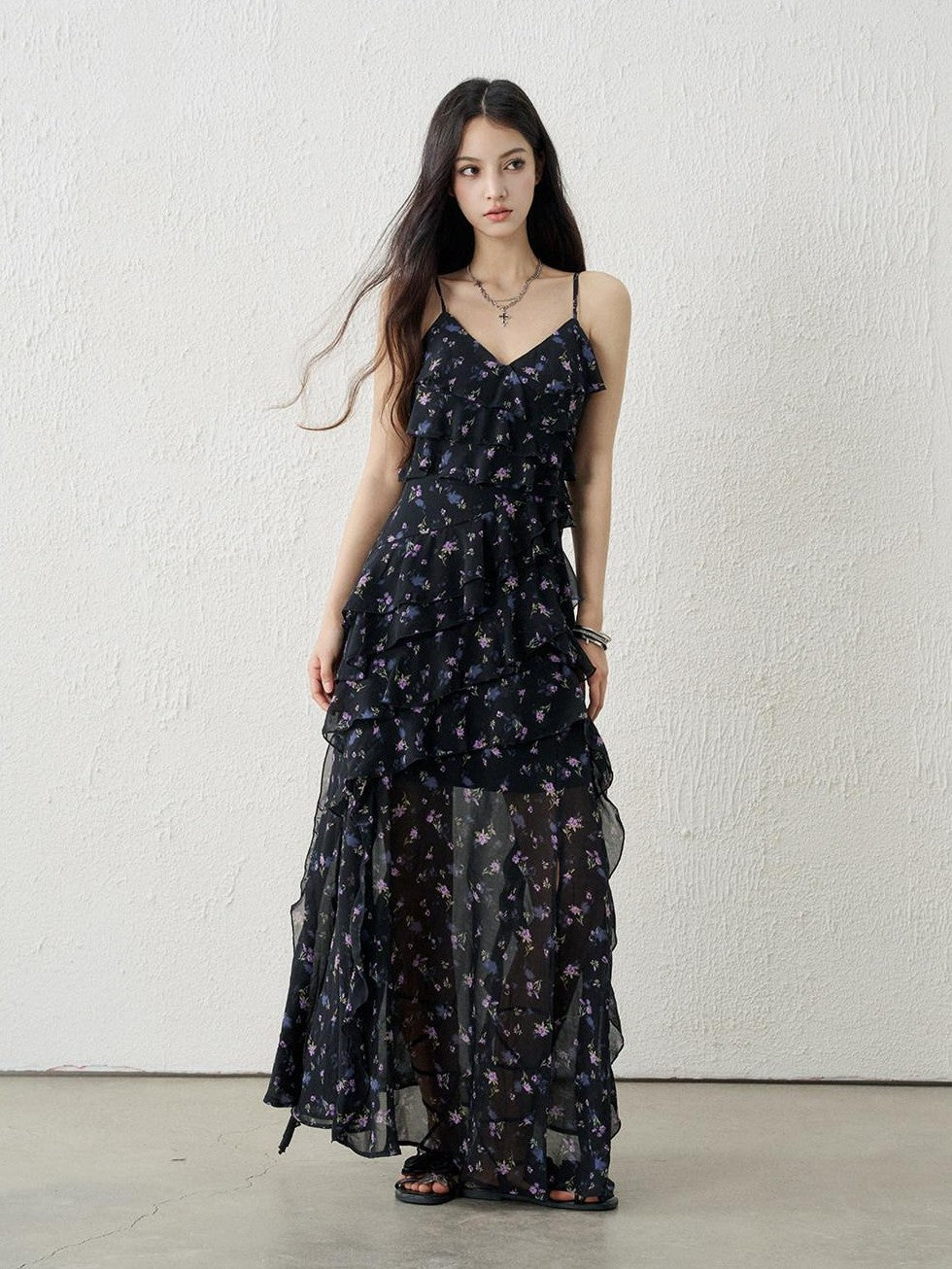 LADYGHOST Ethereal Black Purple Floral French Spaghetti Strap Women&