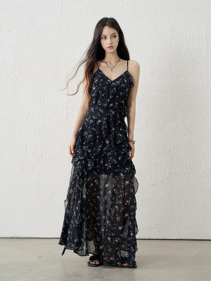 LADYGHOST Ethereal Black Purple Floral French Spaghetti Strap Women&
