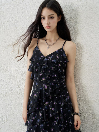 LADYGHOST Ethereal Black Purple Floral French Spaghetti Strap Women&