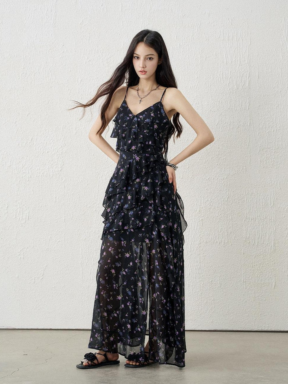 LADYGHOST Ethereal Black Purple Floral French Spaghetti Strap Women&