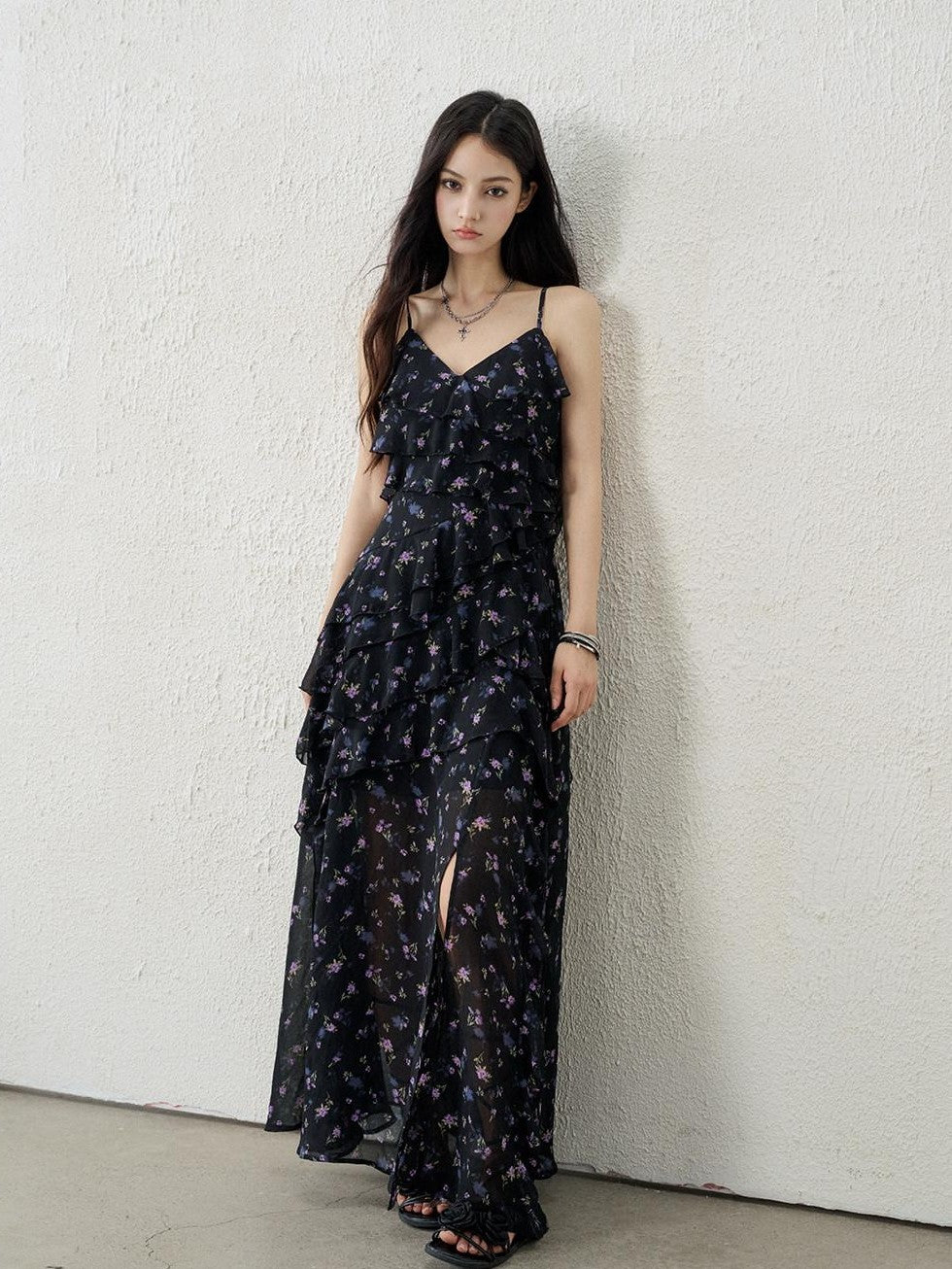 LADYGHOST Ethereal Black Purple Floral French Spaghetti Strap Women&