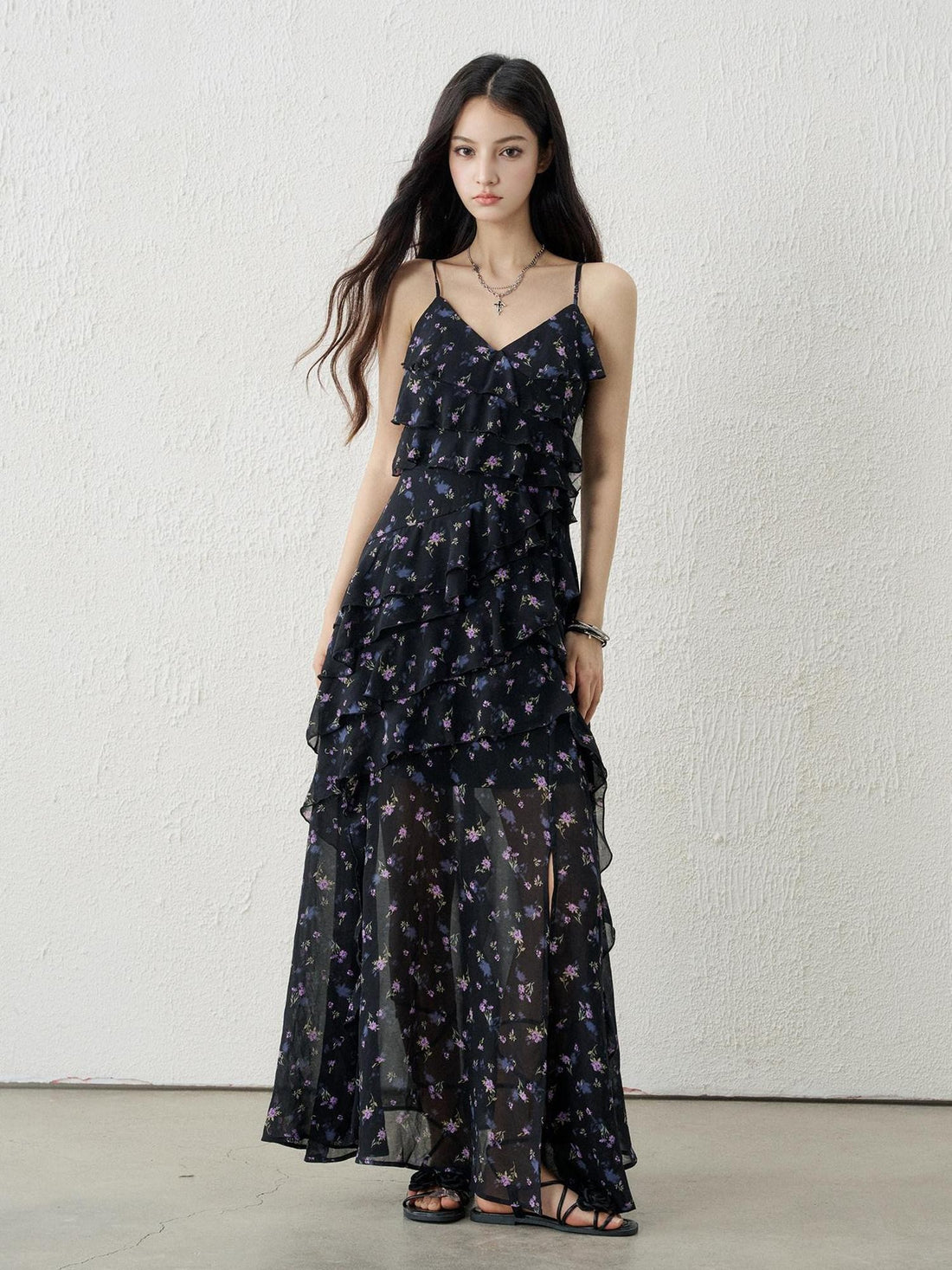 LADYGHOST Ethereal Black Purple Floral French Spaghetti Strap Women&